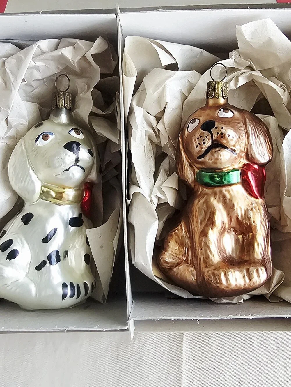 Vintage Hand Blown Glass Dog Ornament Set Dalmatian Spaniel Boxed Christmas